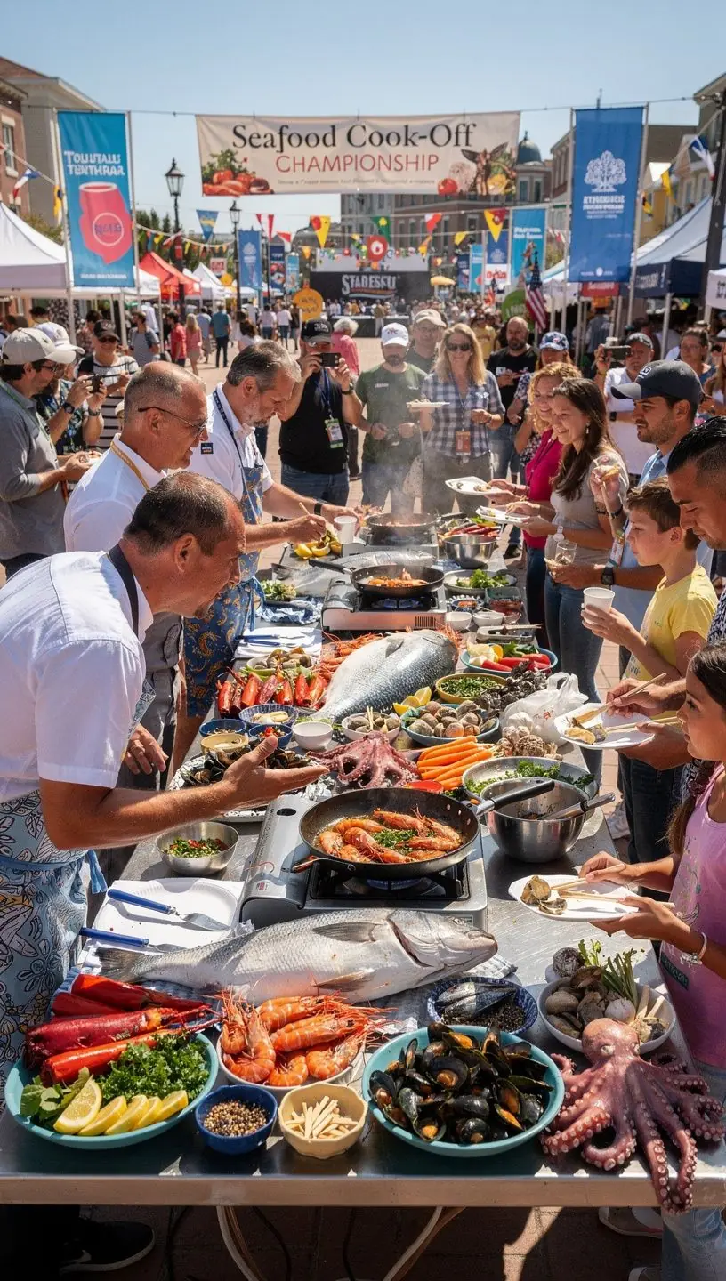 Comunidade unida em festival costeiro com barcos e mariscos.