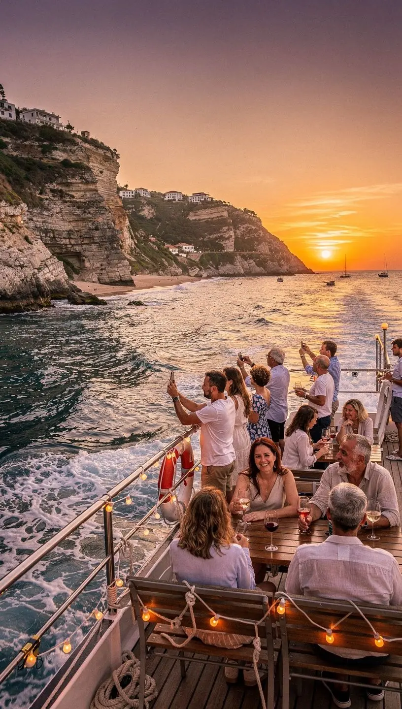 Festival costeiro com barcos, frutos do mar e cultura