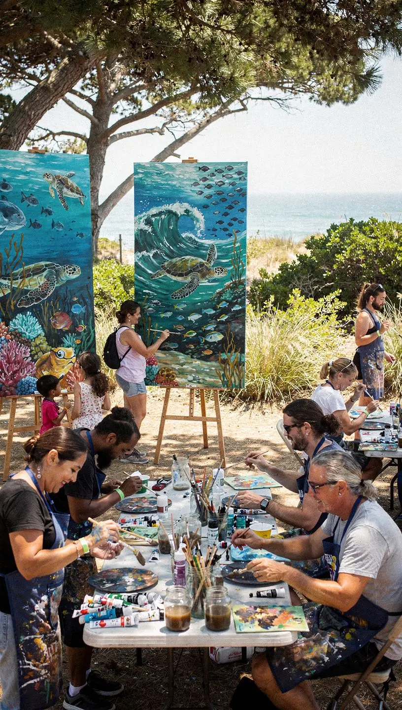 Músicos locais se apresentando em festival costeiro.