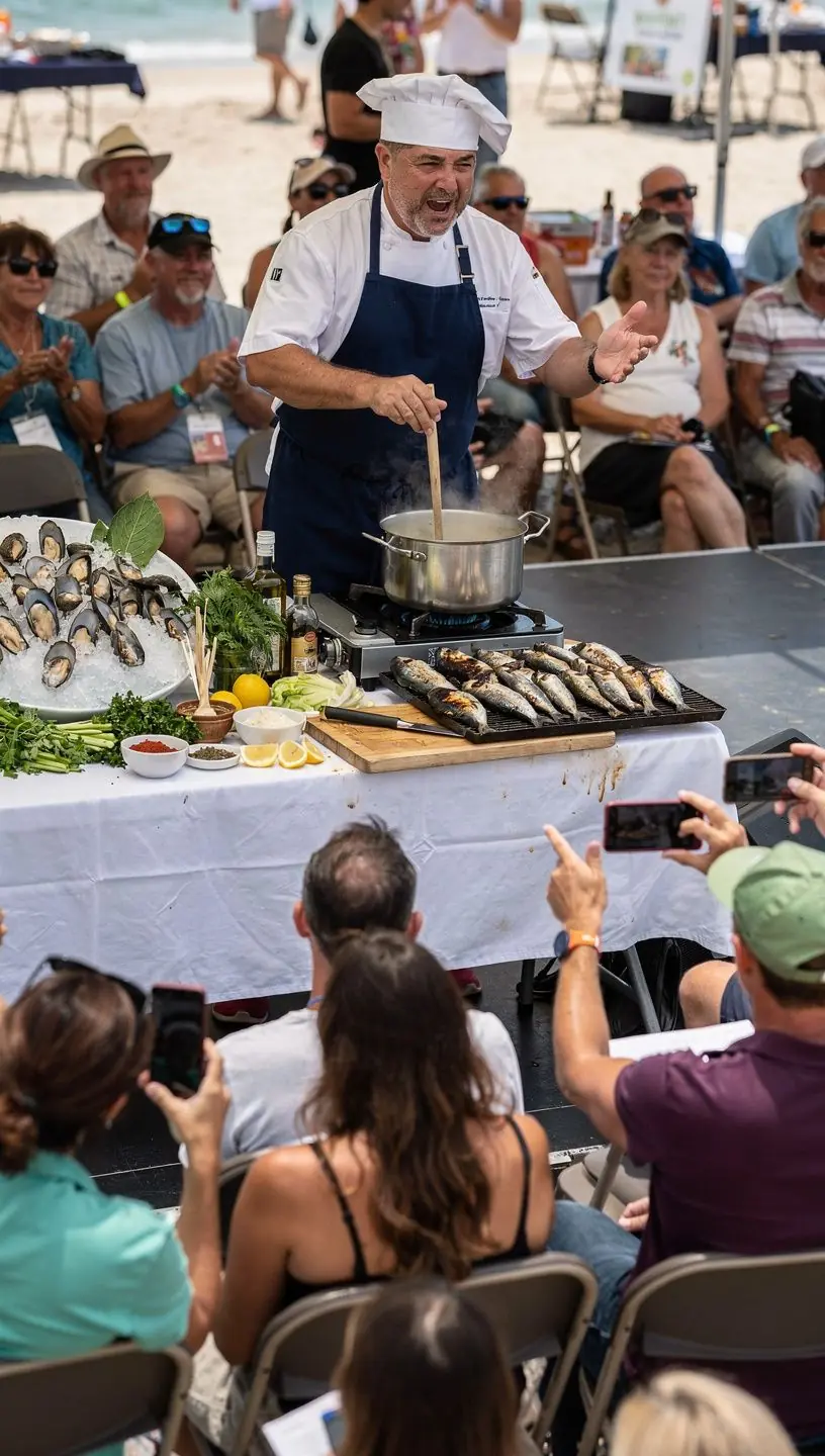 Sustentabilidade em festivais náuticos e mercados de frutos do mar.
